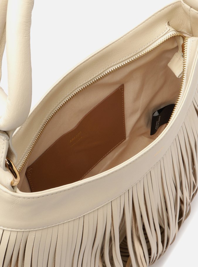 Bolsa Hobo Off-White Couro Média Franjas Metalizada