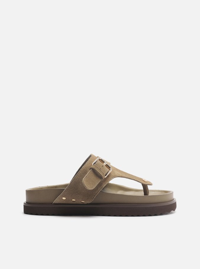 Sandália Papete Verde Suede Tira Fivela
