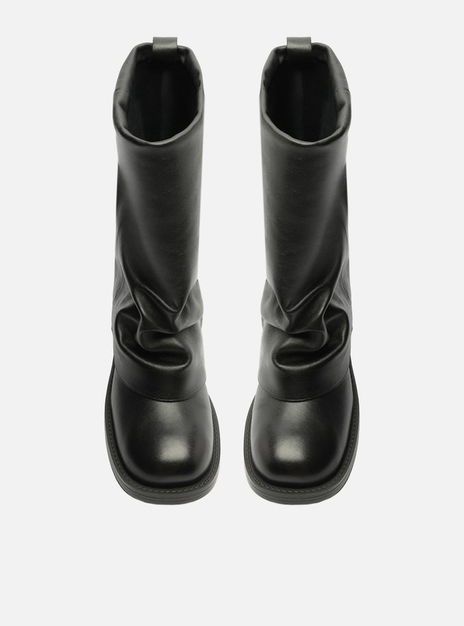 Bota Preta Couro Cano Curto Bloco Polaina