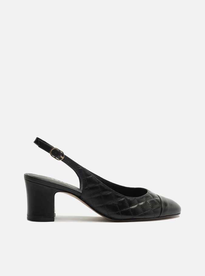 Scarpin Preto Couro Bico Redondo Matelassê Slingback Cap Toe Preto