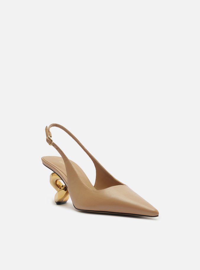 Scarpin Bege Couro Salto Geométrico Slingback