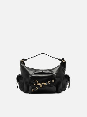 Bolsa Hobo Preta Couro Média Tira Ilhós