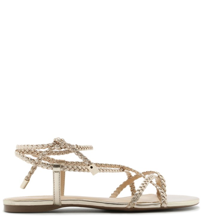 Sandália Rasteira Couro Metalizado Trança Amarração Platino