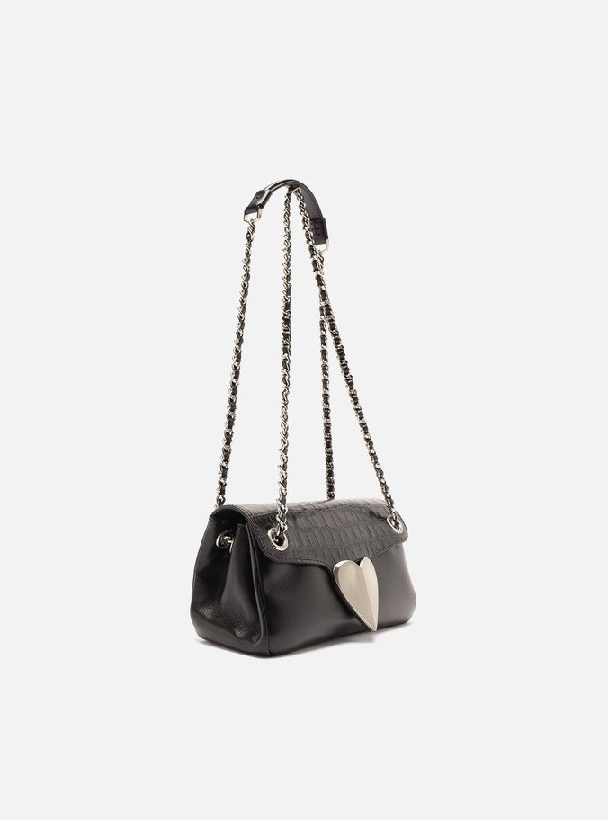 Bolsa Tiracolo Preta Couro Pequena Coração Metal