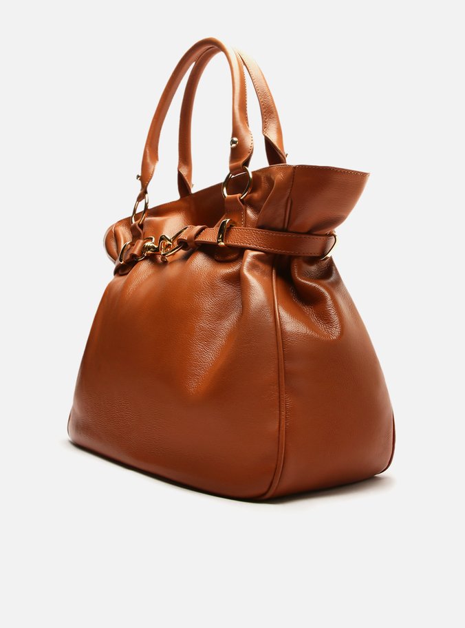 Bolsa Tote Marrom Couro Grande Metais