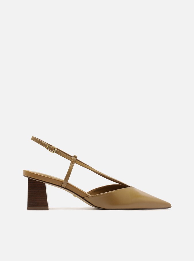 Scarpin Marrom Couro Salto Bloco Slingback