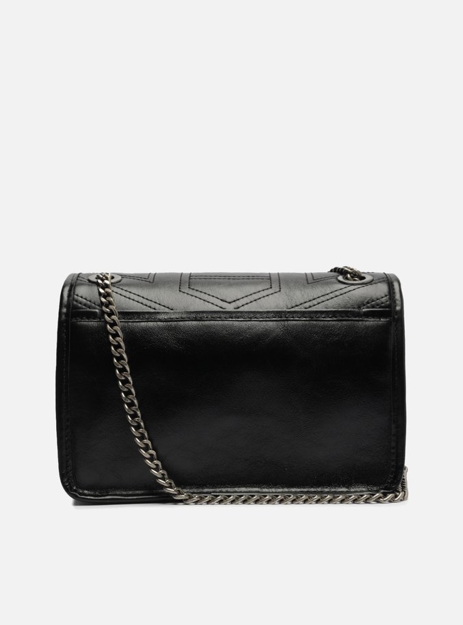 Bolsa Tiracolo Preta Couro Costuras Corrente