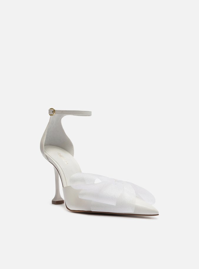 Scarpin Branco Couro Salto Fino Taça Laço
