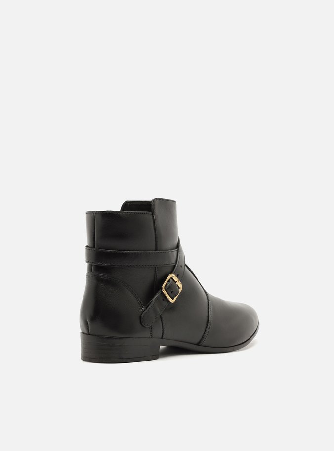 Bota Preta Couro Cano Curto Salto Baixo Tira