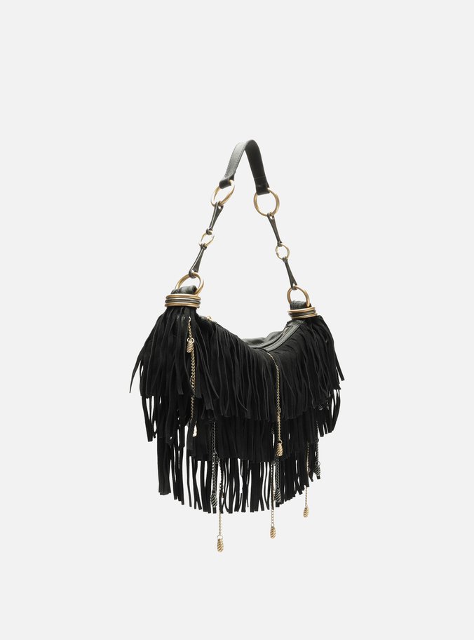 Bolsa Hobo Preta Camurcina Pequena Franjas