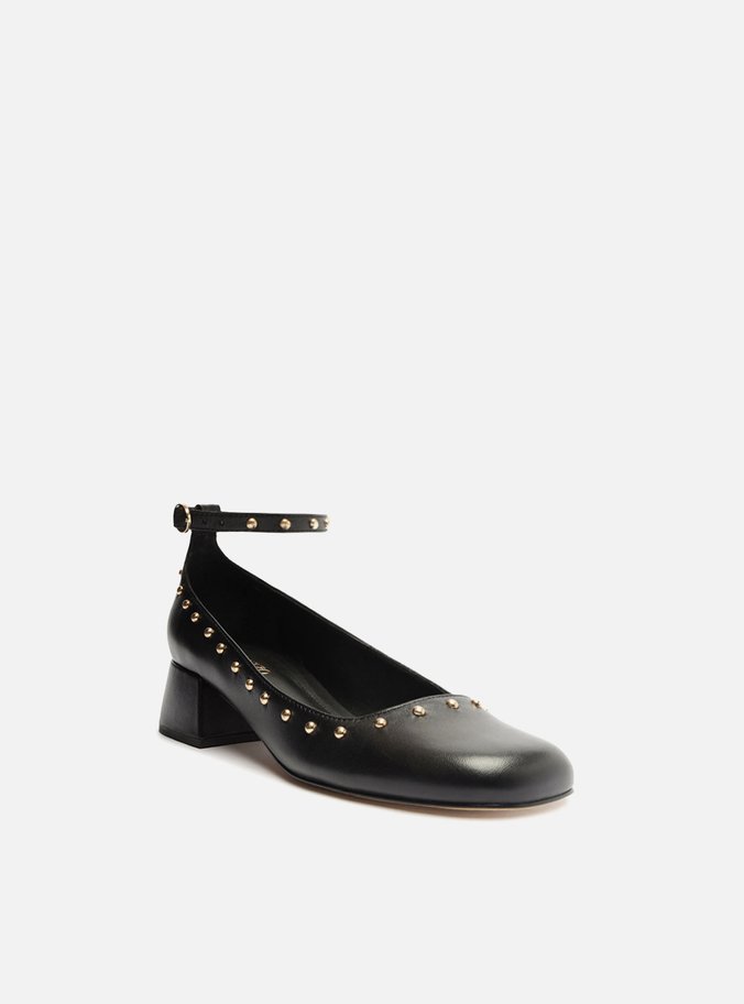 Sapato Boneca Preto Couro Salto Bloco Tachas