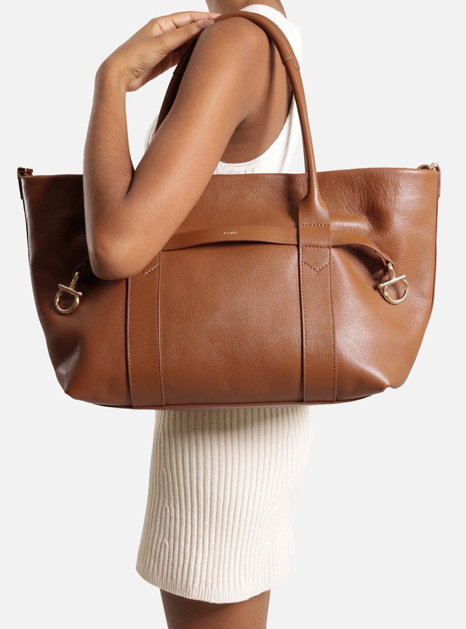 Bolsa Tote Marrom Couro Grande Metais