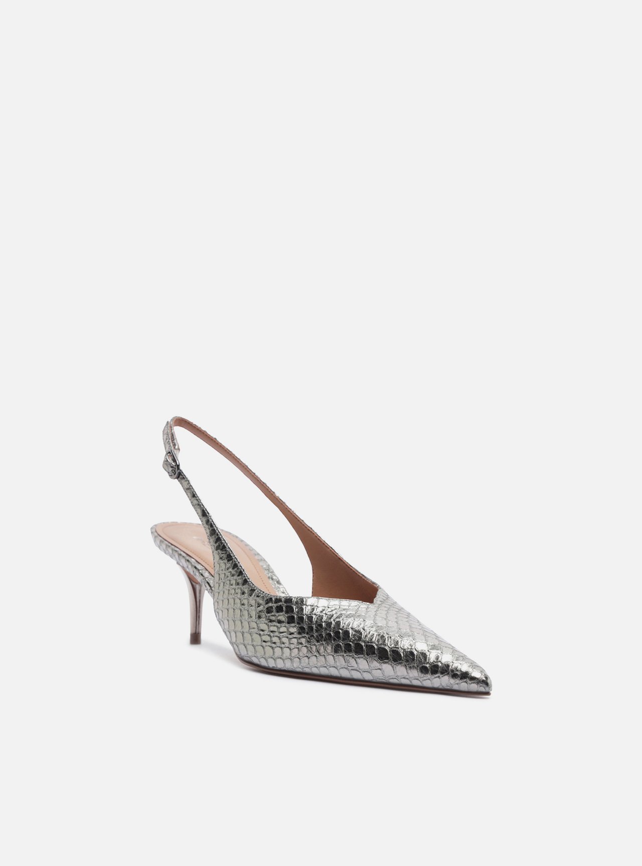 Scarpin Prateado Couro Salto Fino Fivela Slingback — foto 2