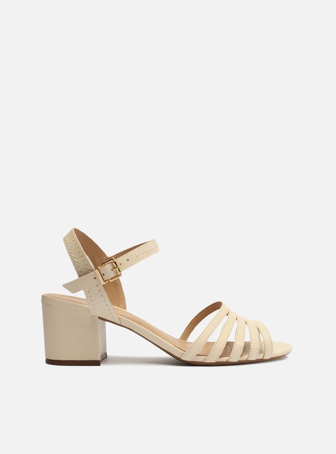 Sandália Off-White Couro Salto Médio Tiras
