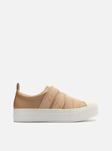 Slip On Bege Couro Flatform Elásticos