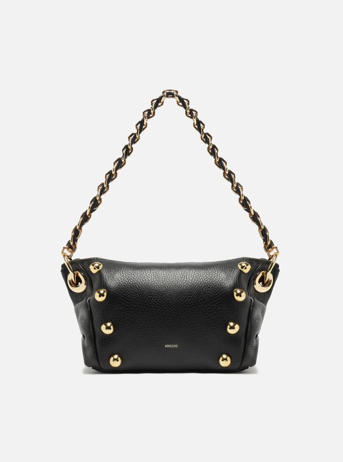 Bolsa Tiracolo Preta Couro Média Rebites Corrente