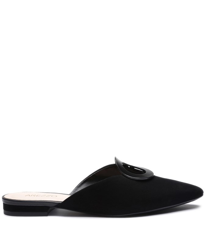 Mule Nobuck Rasteira Fivela Resina Preta