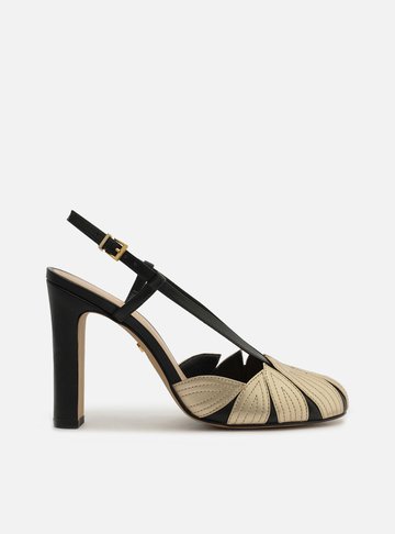 Scarpin Preto Couro Salto Médio Folhas Douradas