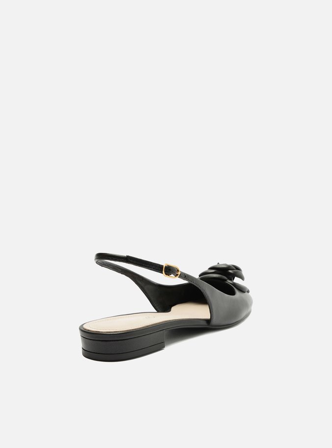Sapatilha Preta Couro Slingback Flor