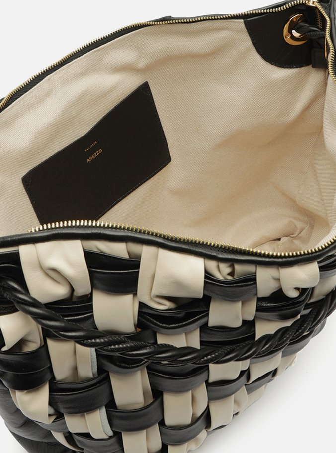 Bolsa Hobo Preta Couro Grande Tressê Bicolor