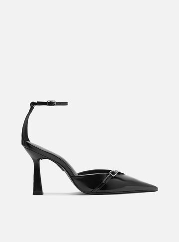 Scarpin Preto Verniz Salto Alto Fino Tira