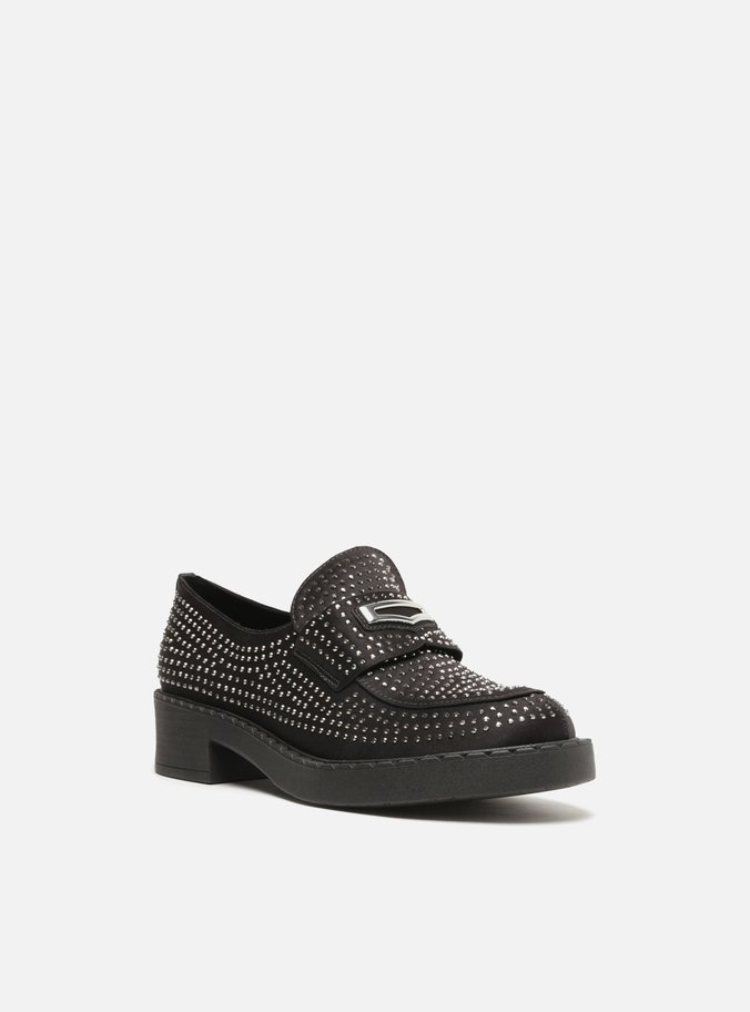 Mocassim Preto Cetim Strass Bico Redondo