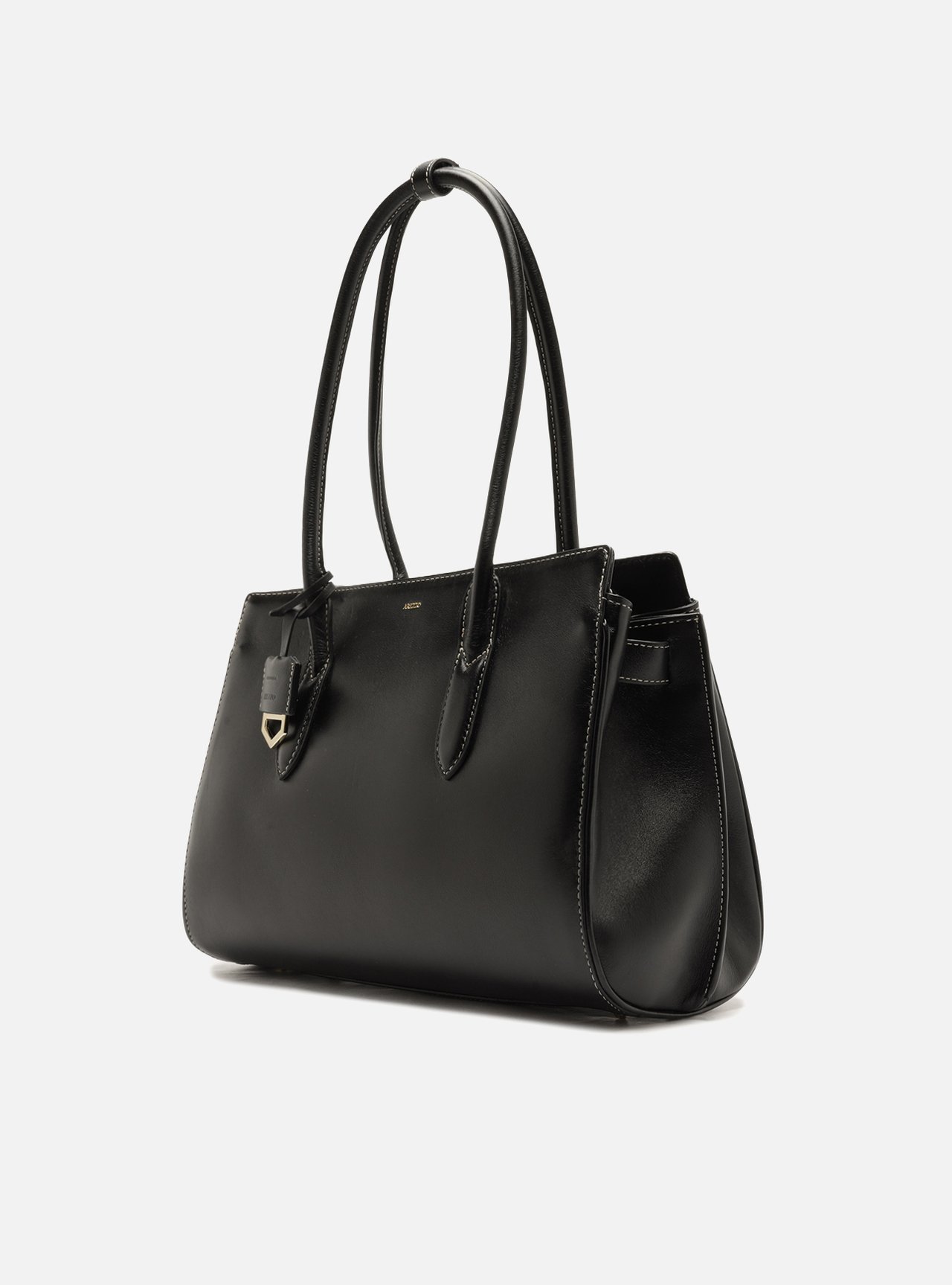 Bolsa Tote Preta Couro Média Metais — foto 2