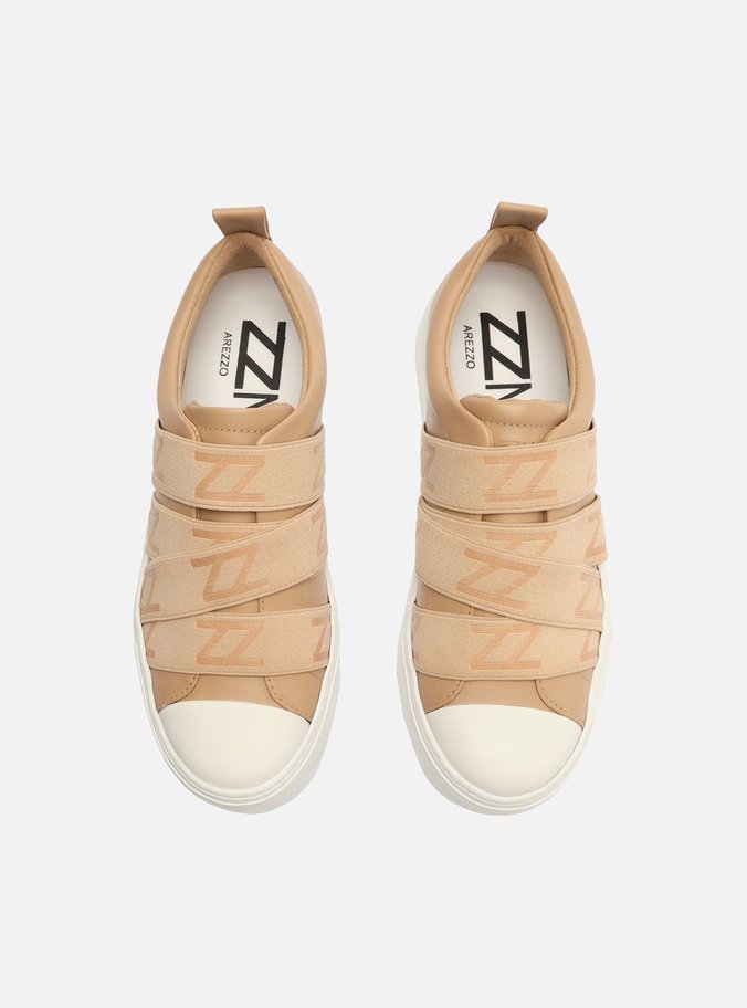 Slip On Bege Couro Flatform Elásticos