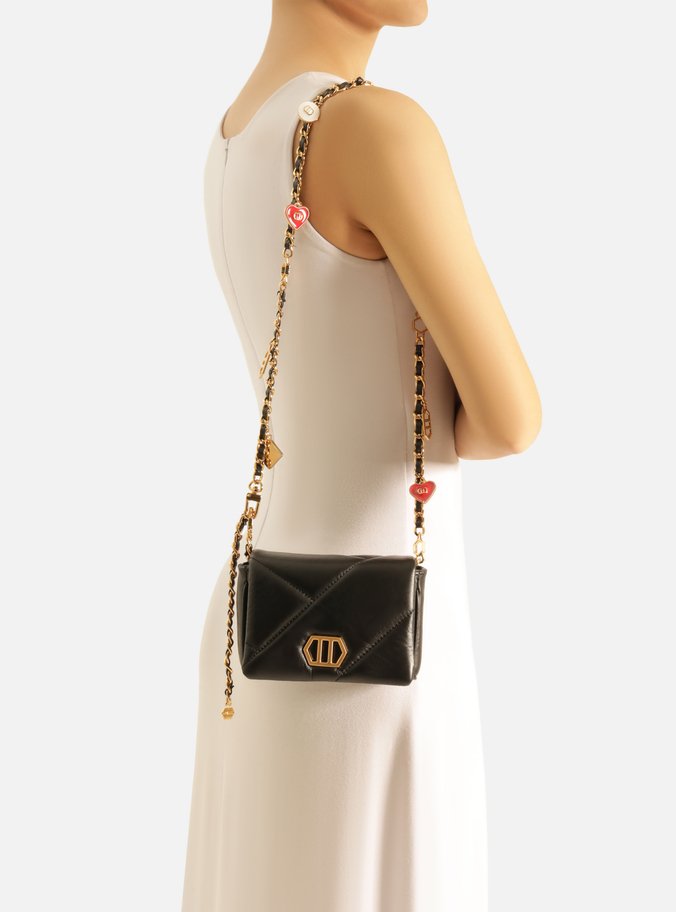 Mini Bag Tiracolo Preta Couro Pingentes