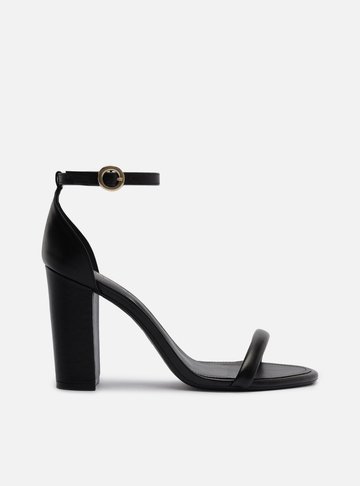 Sandália Preta Couro Salto Alto Bloco Básica