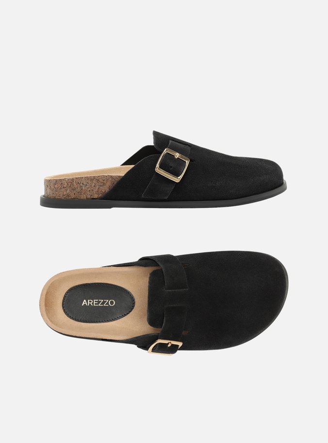 Clog Sabot Preta Camurça Rasteira Fivela