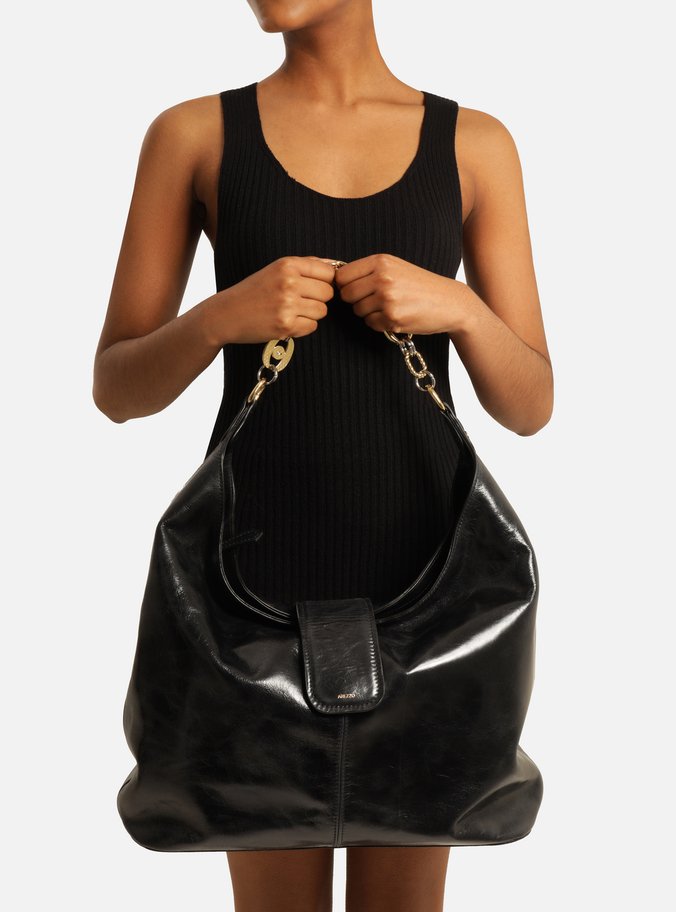 Bolsa Hobo Preta Couro Grande Corrente Elos