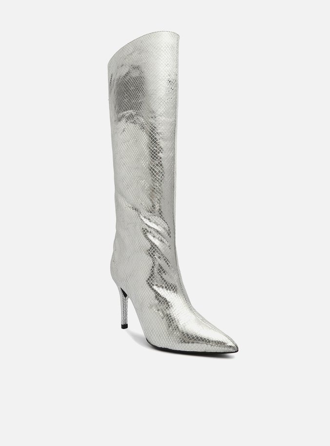 Bota Prateada Snake Cano Alto Salto Fino