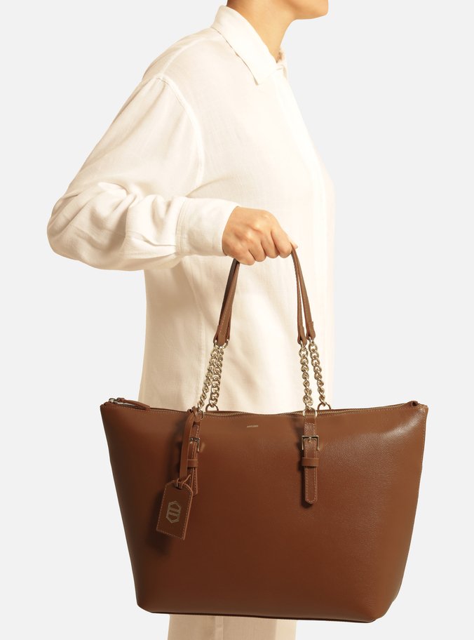 Bolsa Shopping Caramelo Couro Grande Alça Corrente