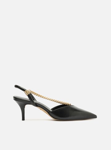 Scarpin Preto Couro Salto Baixo Corrente Esther