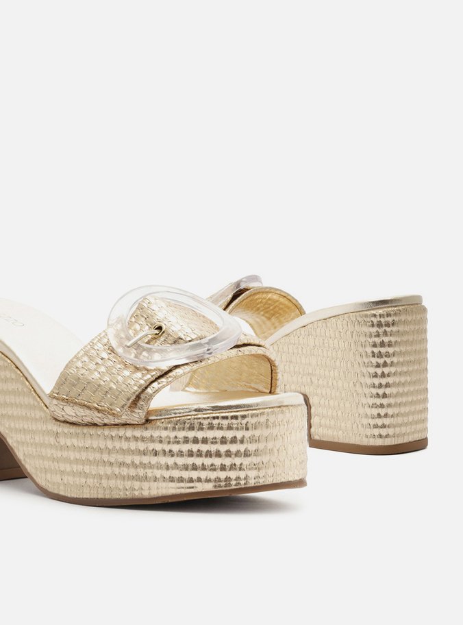 Tamanco Dourado Textura Plataforma Tira Fivela