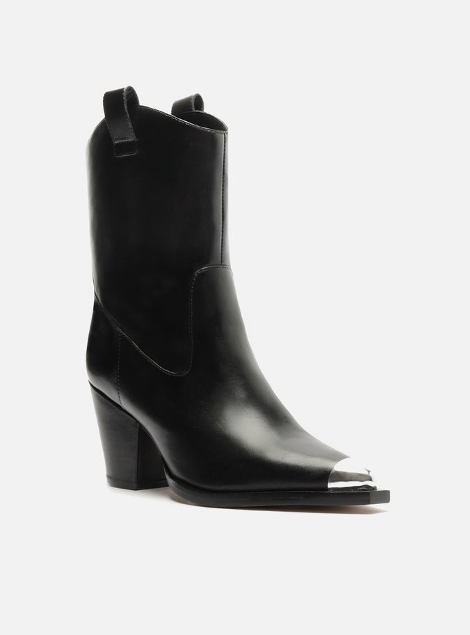 Bota Preta Couro Cano Curto Salto Metal