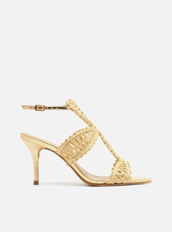 Sandália Dourado Salto Fino Tiras Bordadas