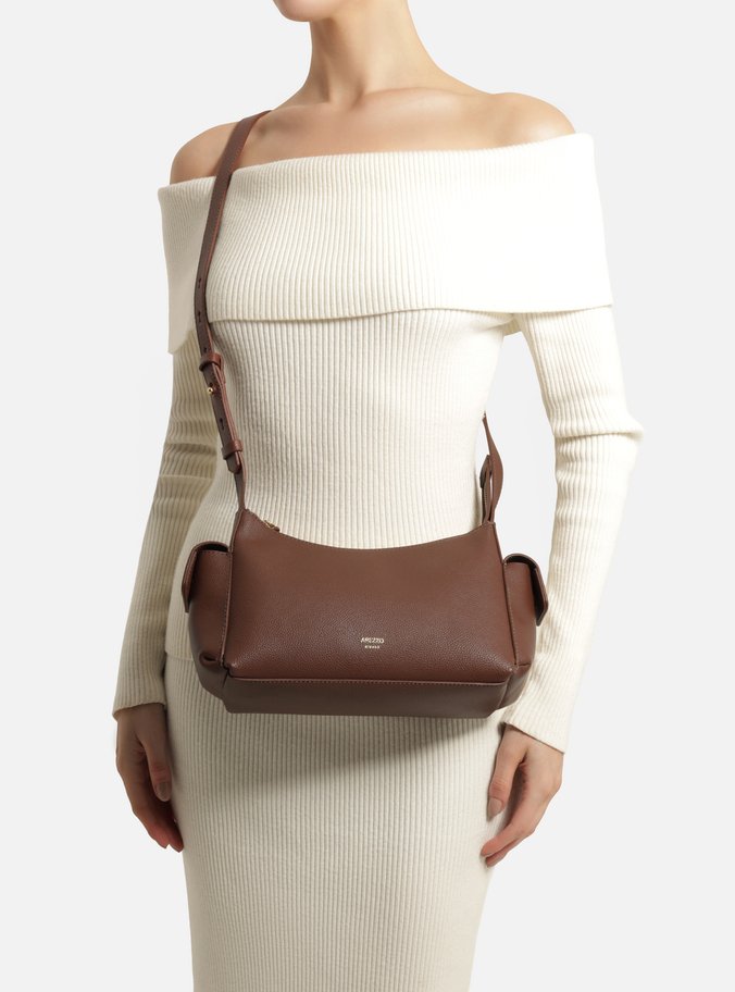 Bolsa Tiracolo Marrom Texturizada Média Bolsos Laterais