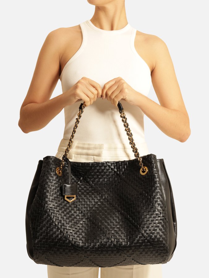 Bolsa Shopping Preta Couro Tressê Cruzado Grande