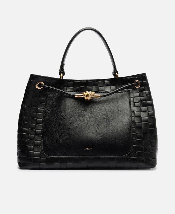 Bolsa Tote Preta Couro Grande Tressê