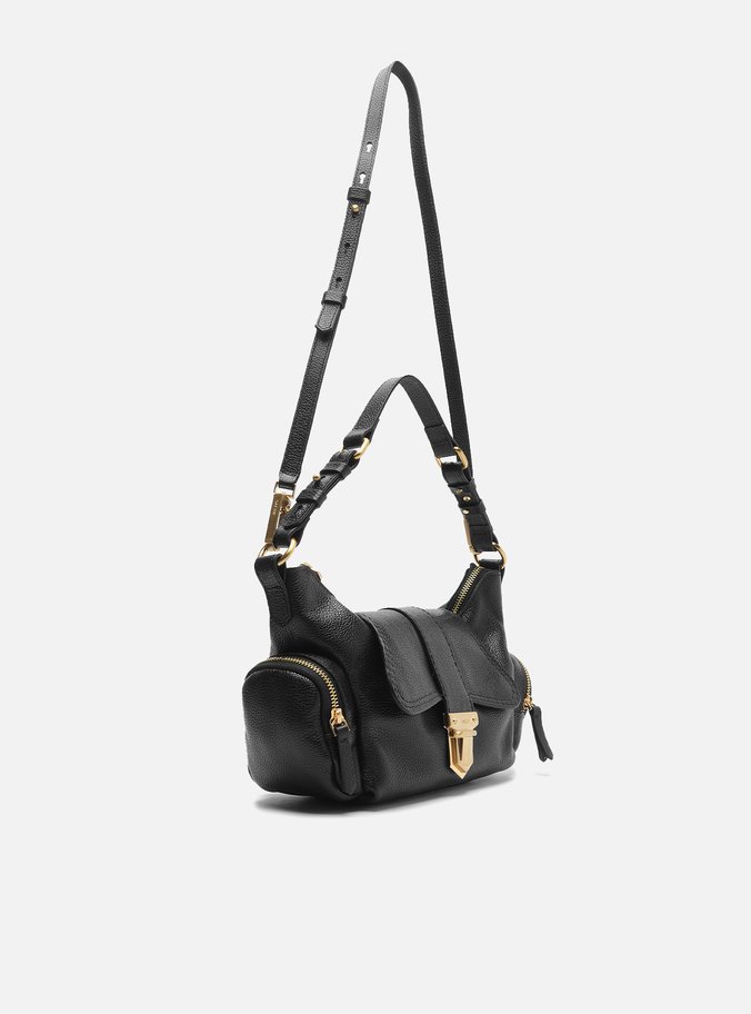 Bolsa Tiracolo Preta Couro Média Bolsos