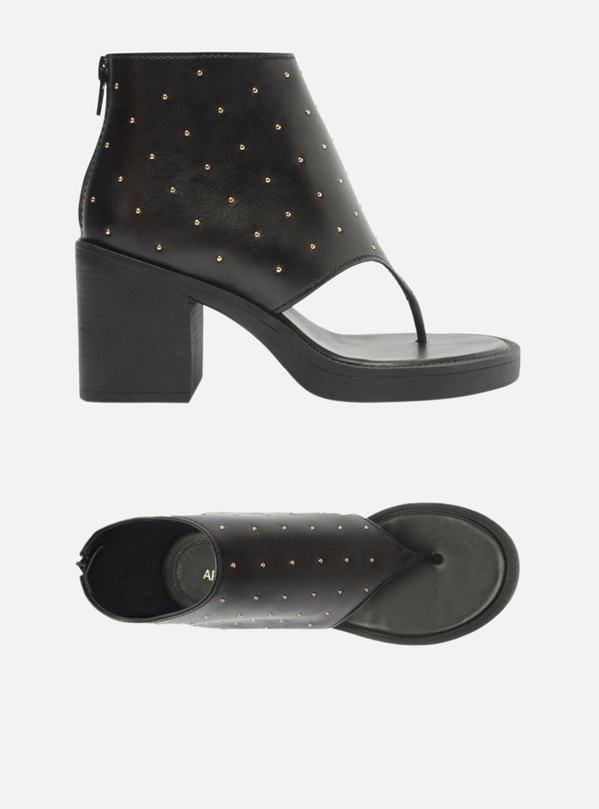 Sandal Boot Preta Couro Salto Bloco Studs