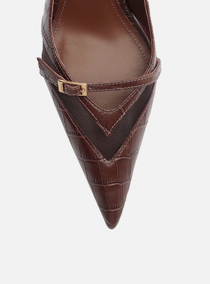 Scarpin Marrom Croco Salto Alto Slingback Tela
