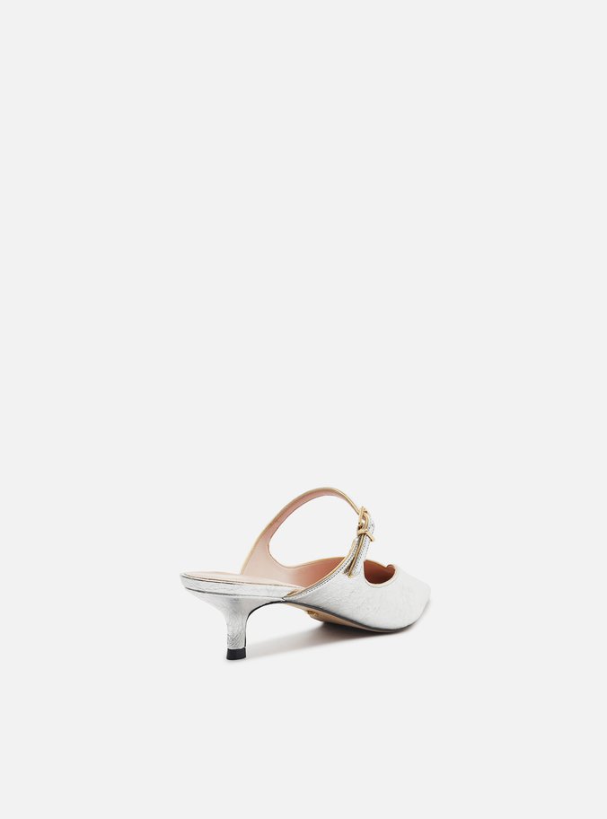 Mule Prata Couro Bico Fino Boneca