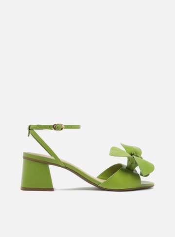 Sandália Verde Couro Salto Bloco Flor Fiori