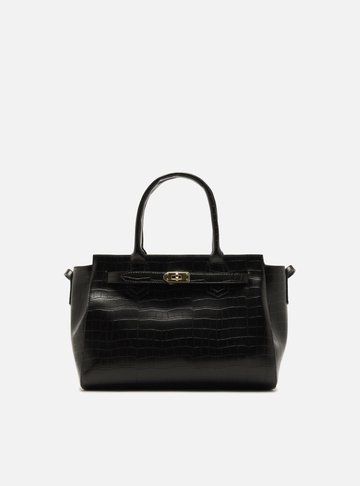 Arezzo — Bolsa Tote Preta Média Croco Metais Dourados