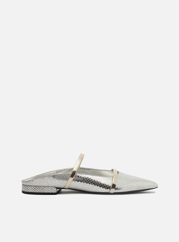 Mule Prateada Skin Bico Fino Tiras