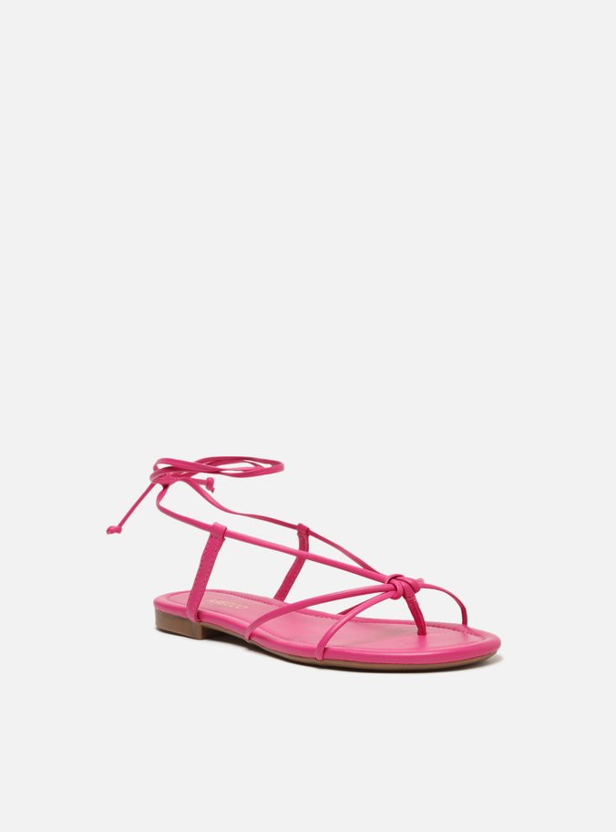 Sandália Rasteira Rosa Amarração Tiras Flats