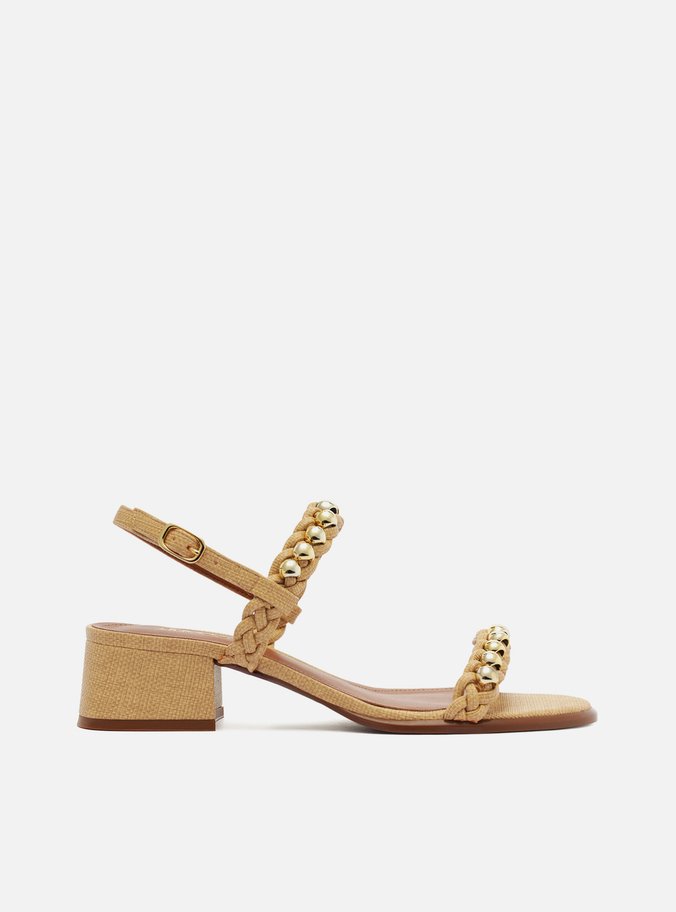 Sandália Bege Ráfia Salto Baixo Esferas Metálicas